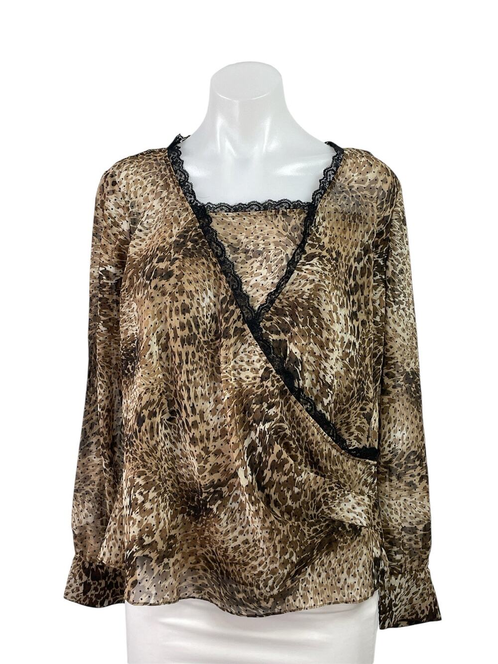 Emma James Brown Leopard Animal Print Lace Trim Long Sleeve Blouse Top Size 14